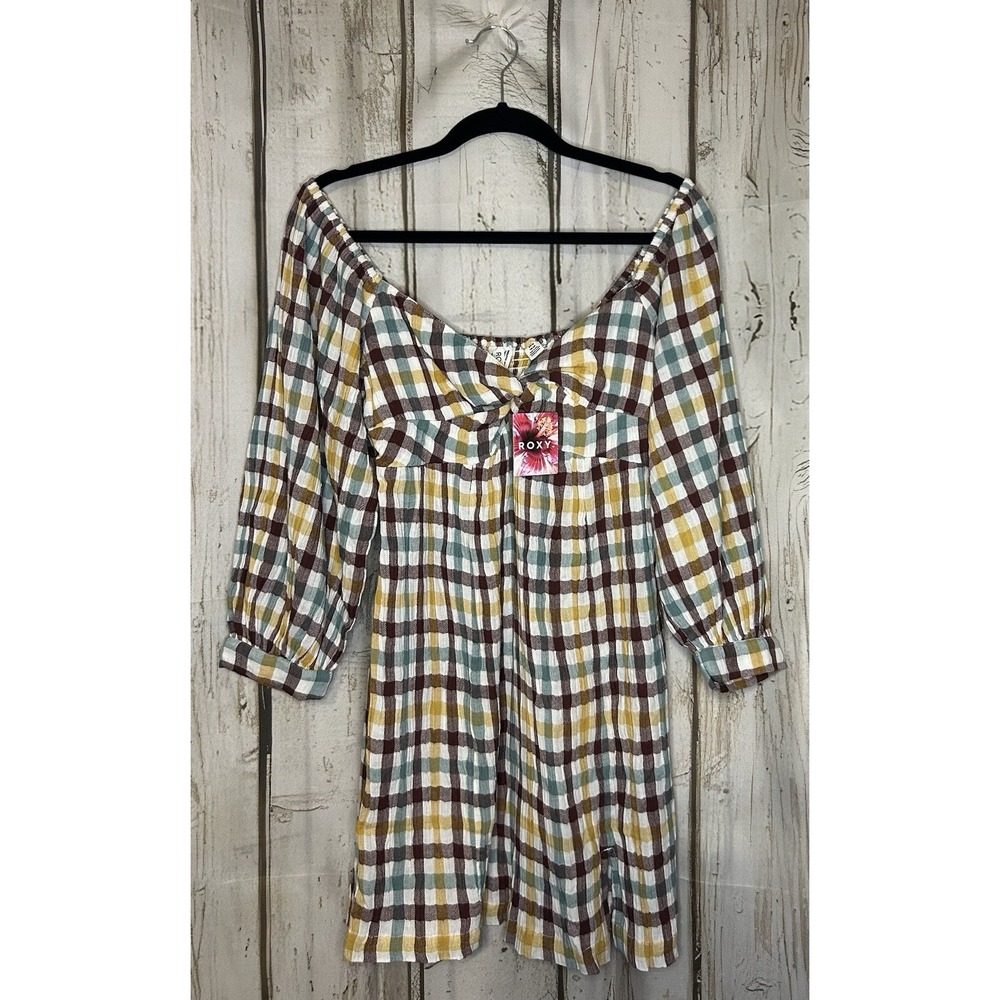 NWT Roxy Juniors' Women's V-Neck Peasant Mini Dress Plaid Multicolor Size S